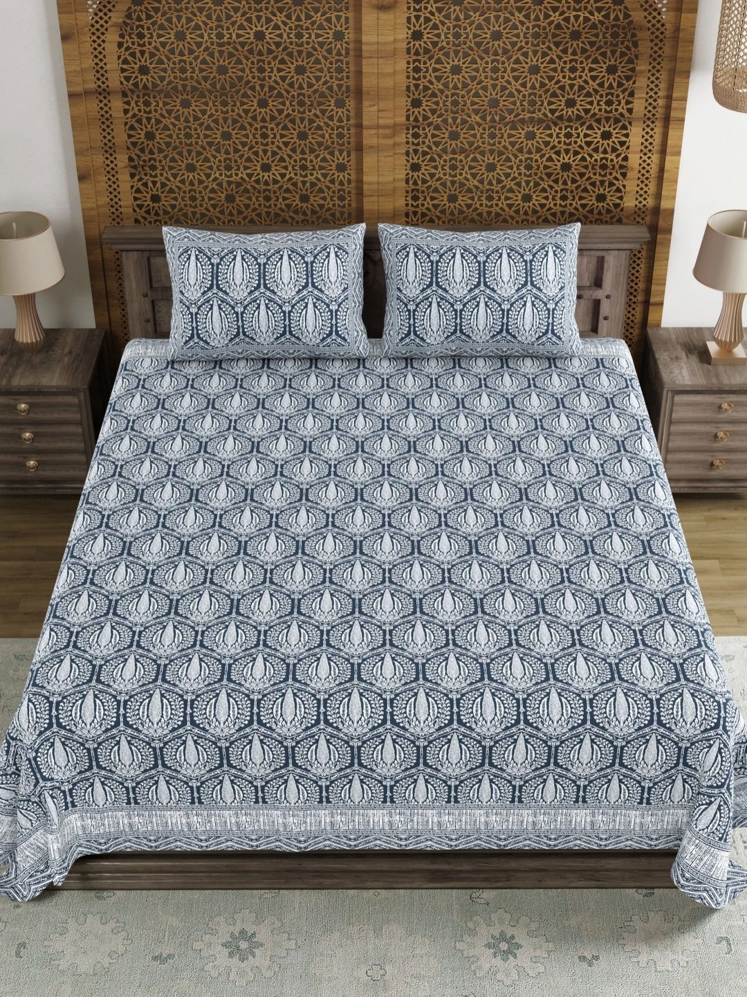 

BLOCKS OF INDIA Blue Ethnic Motifs Pure Cotton 210 TC King Bedsheet Set 2.69 m x 2.69 m
