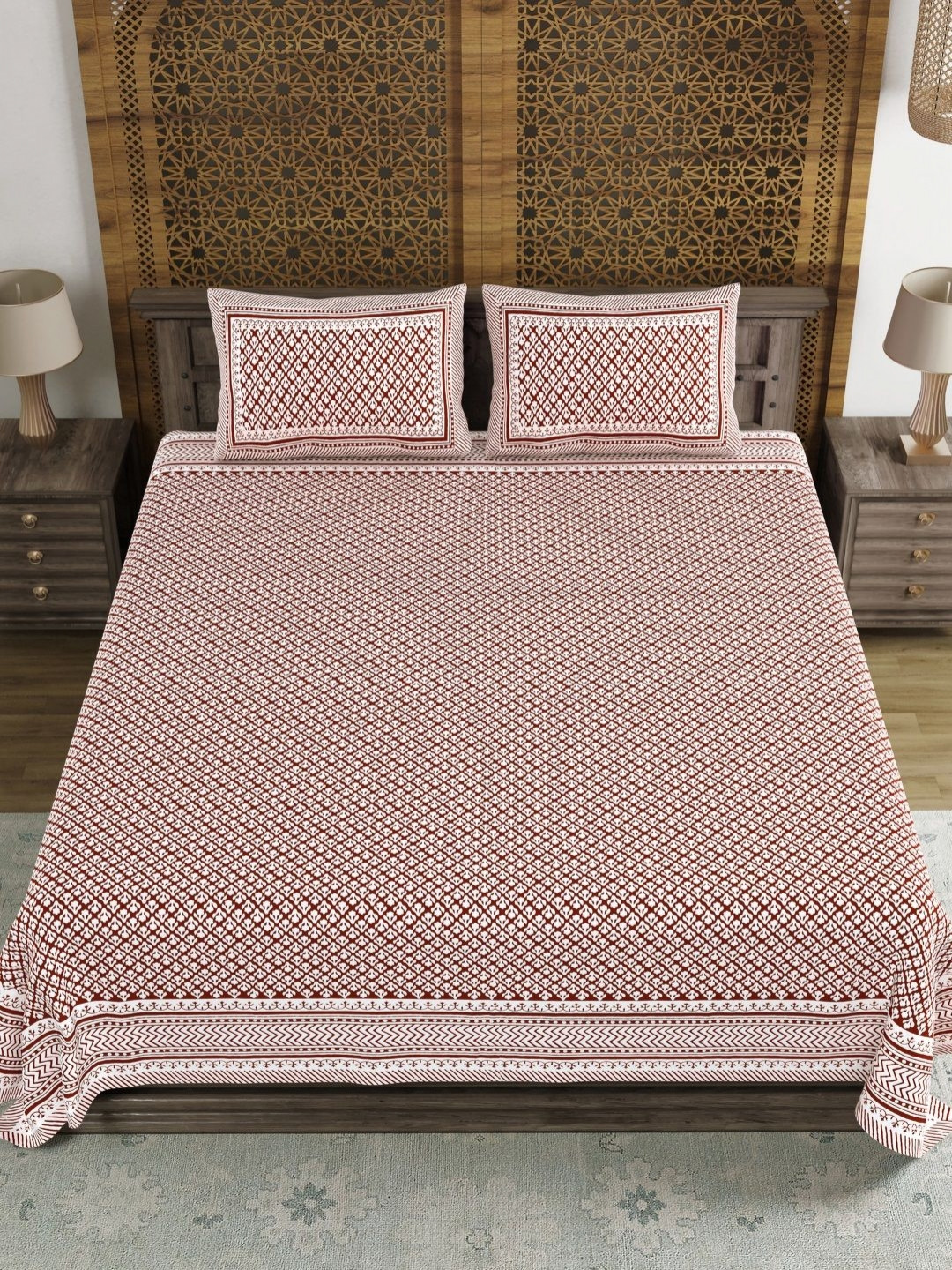 

BLOCKS OF INDIA Red Ethnic Motifs Pure Cotton 210 TC King Bedsheet Set 2.69 m x 2.69 m