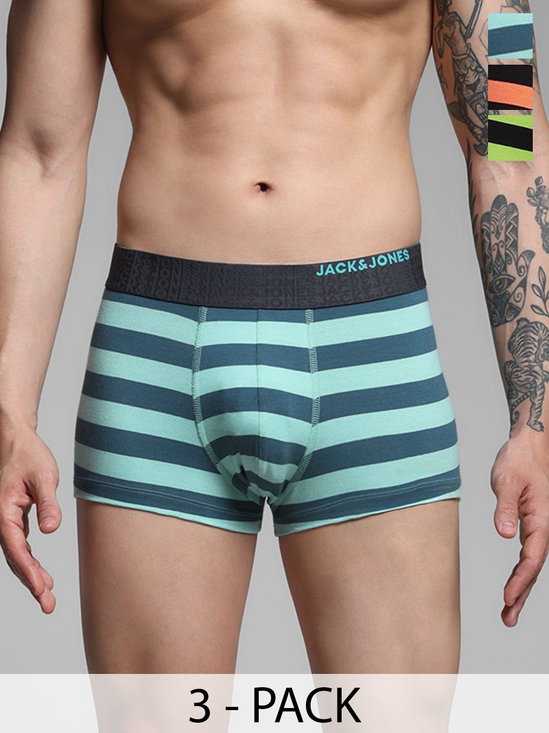 

Jack & Jones Men Pack Of 3 Striped Cotton Outer Elastic Trunks, Orange