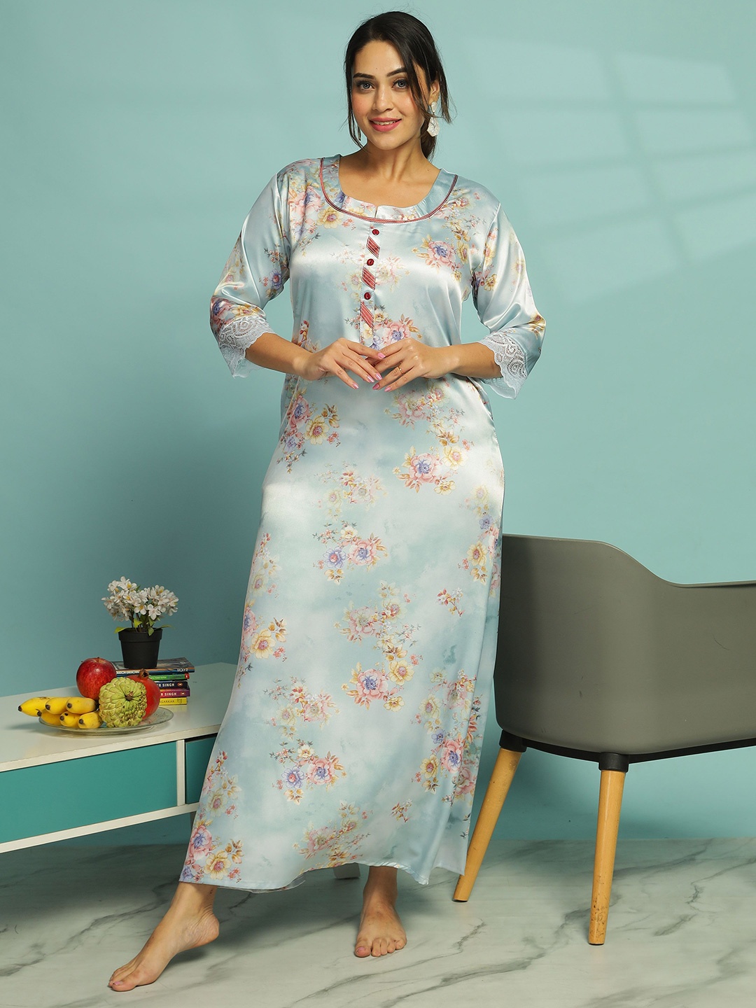 

9shines Label Women Floral Printed Satin Maxi Nightdress, Blue
