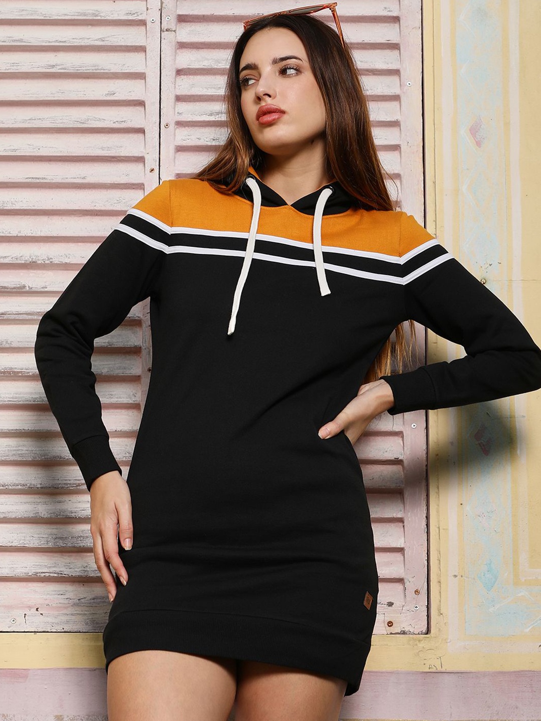 

Campus Sutra Women Colourblocked Hooded A-Line Dress, Black