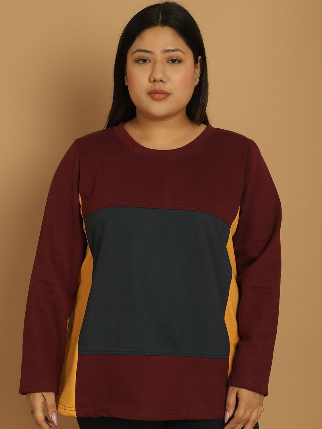 

theRebelinme Women Colourblocked Plus Size Round Neck Long Sleeves Pullover Sweatshirt, Maroon