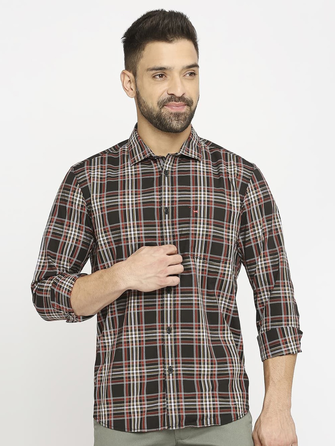 

Basics Men Slim Fit Shepherd Checks Opaque Checked Casual Shirt, Olive