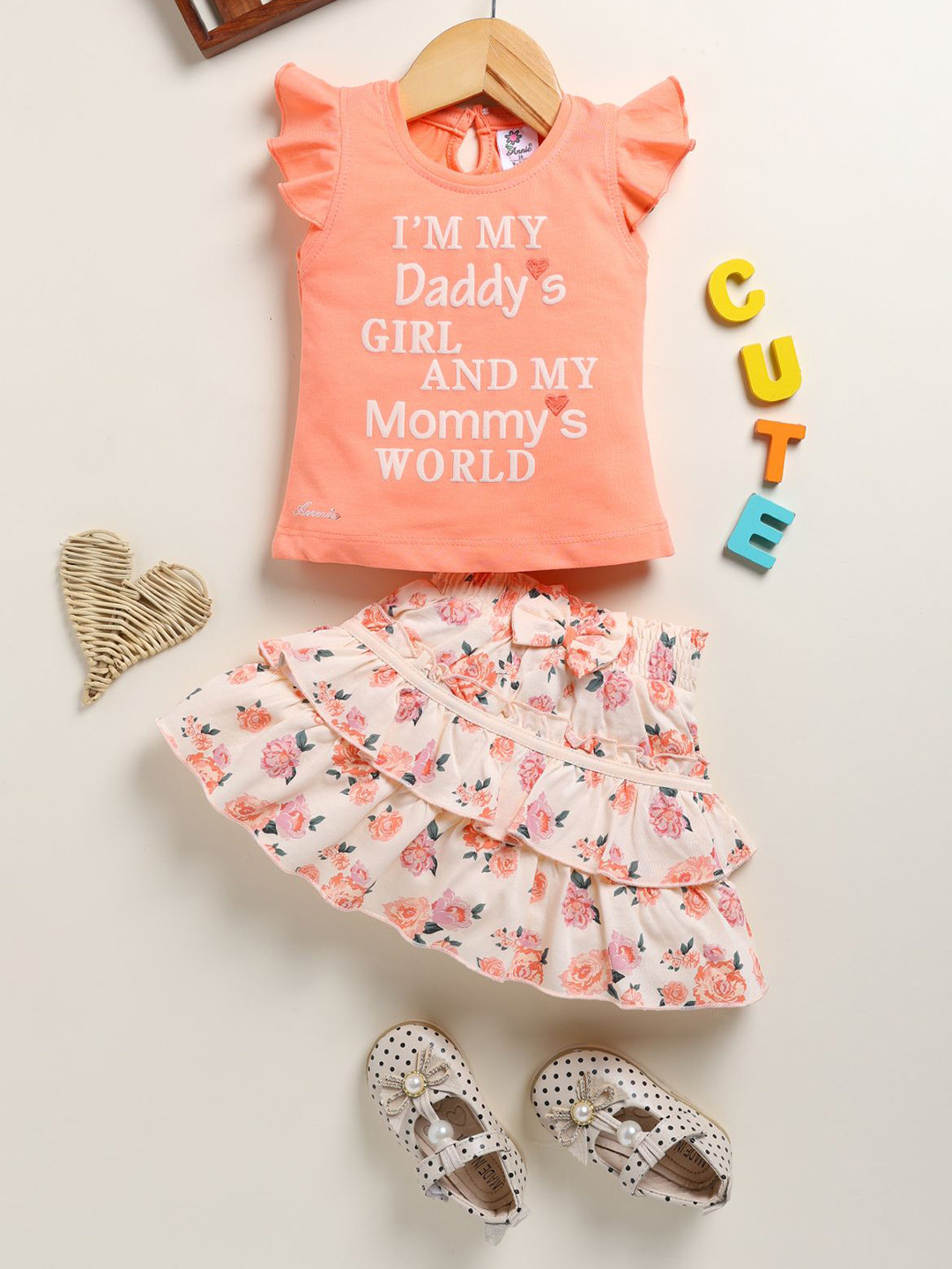 

Annie Girls Printed Top with Skirt, Peach