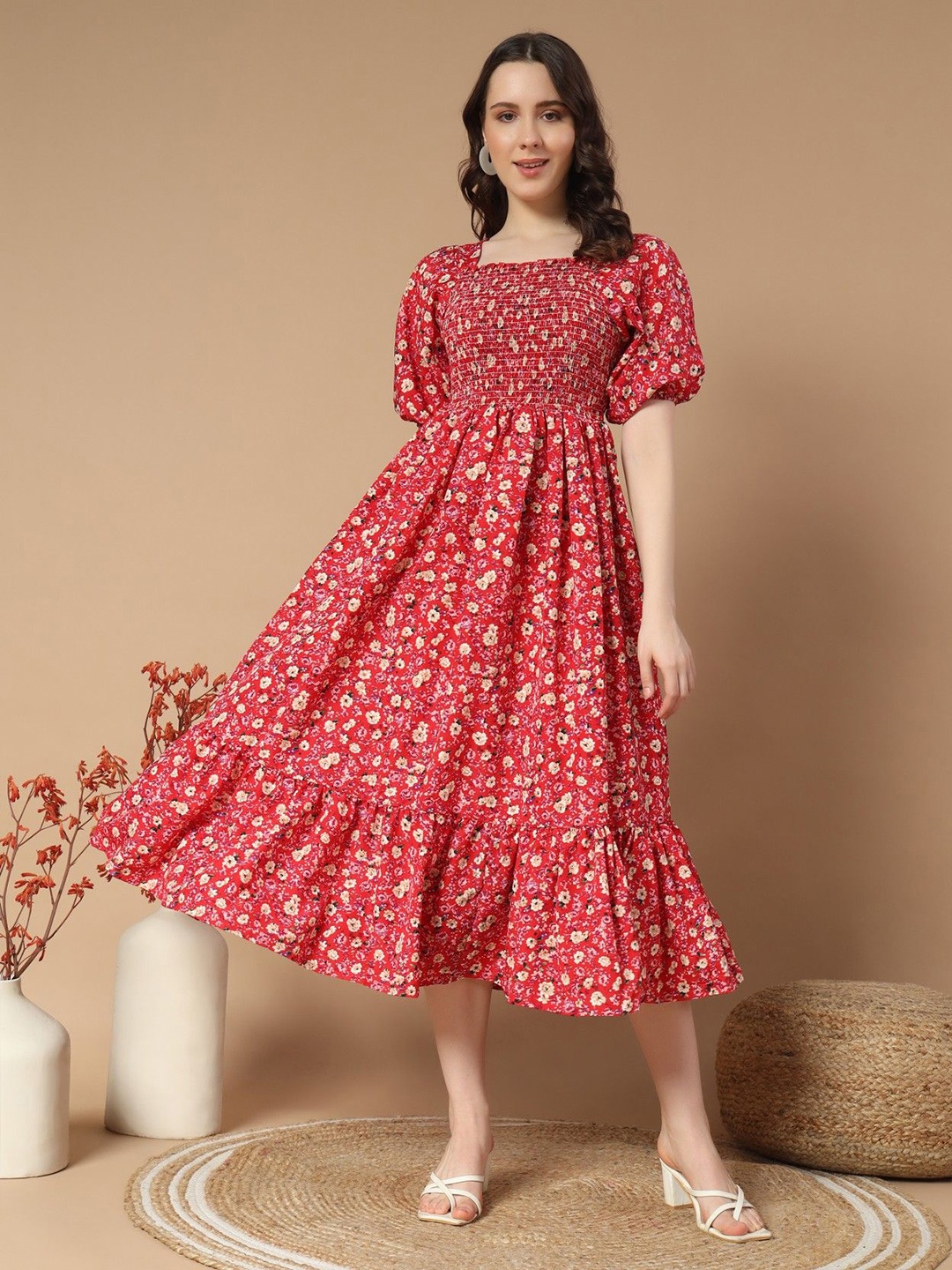 

Krunal Raiyani Women Floral Printed Puff Sleeve Crepe Fit & Flare Dress, Red