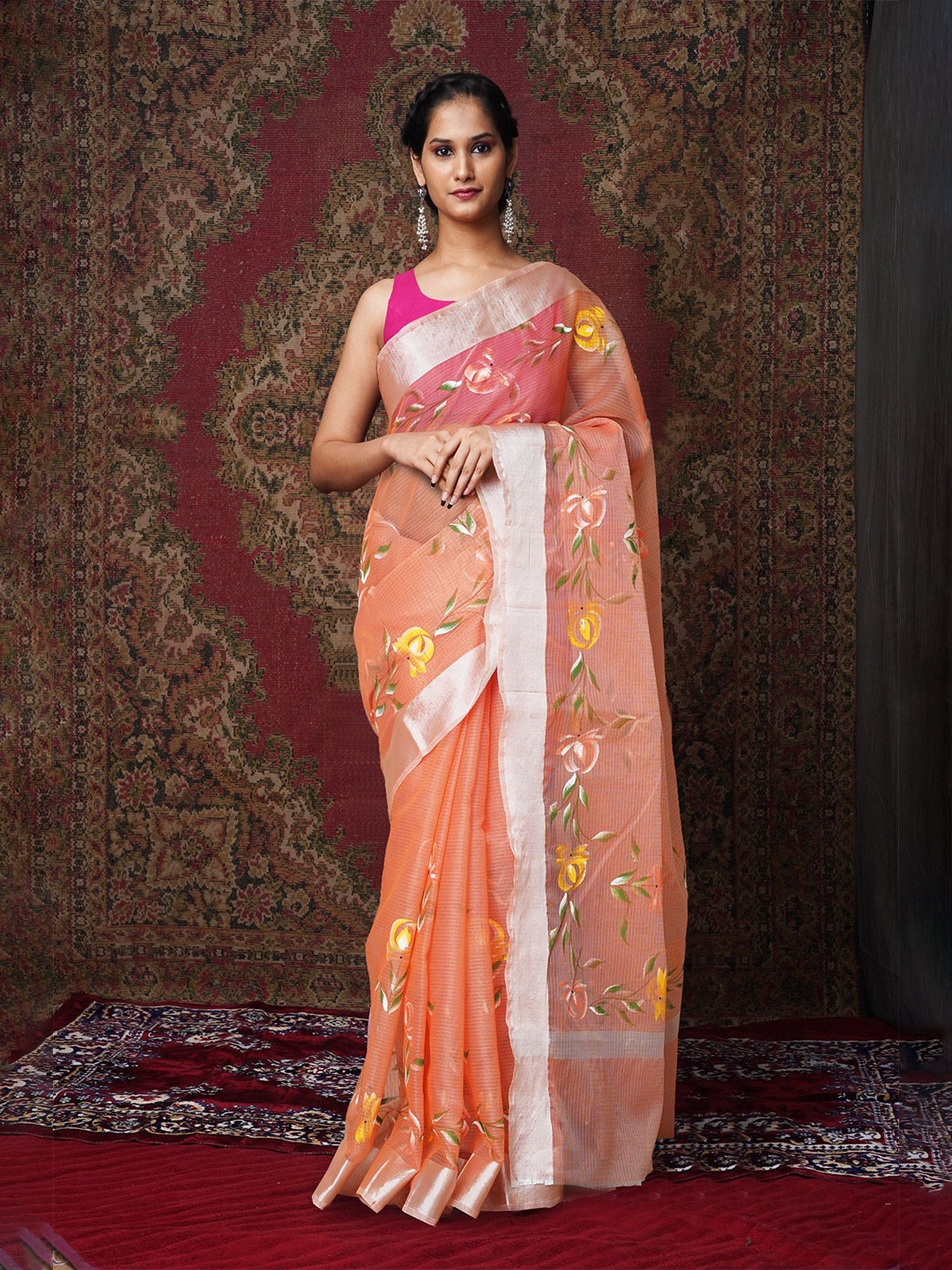 

Unnati Silks Floral Printed Net Handloom Kota Saree, Orange