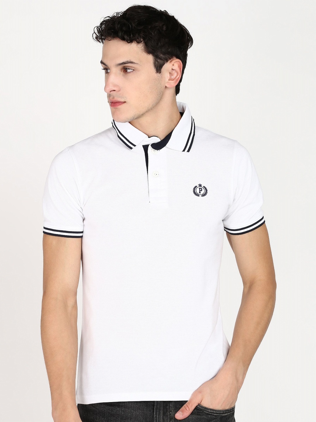 

Provogue Men Polo Collar Applique Slim Fit T-shirt, White