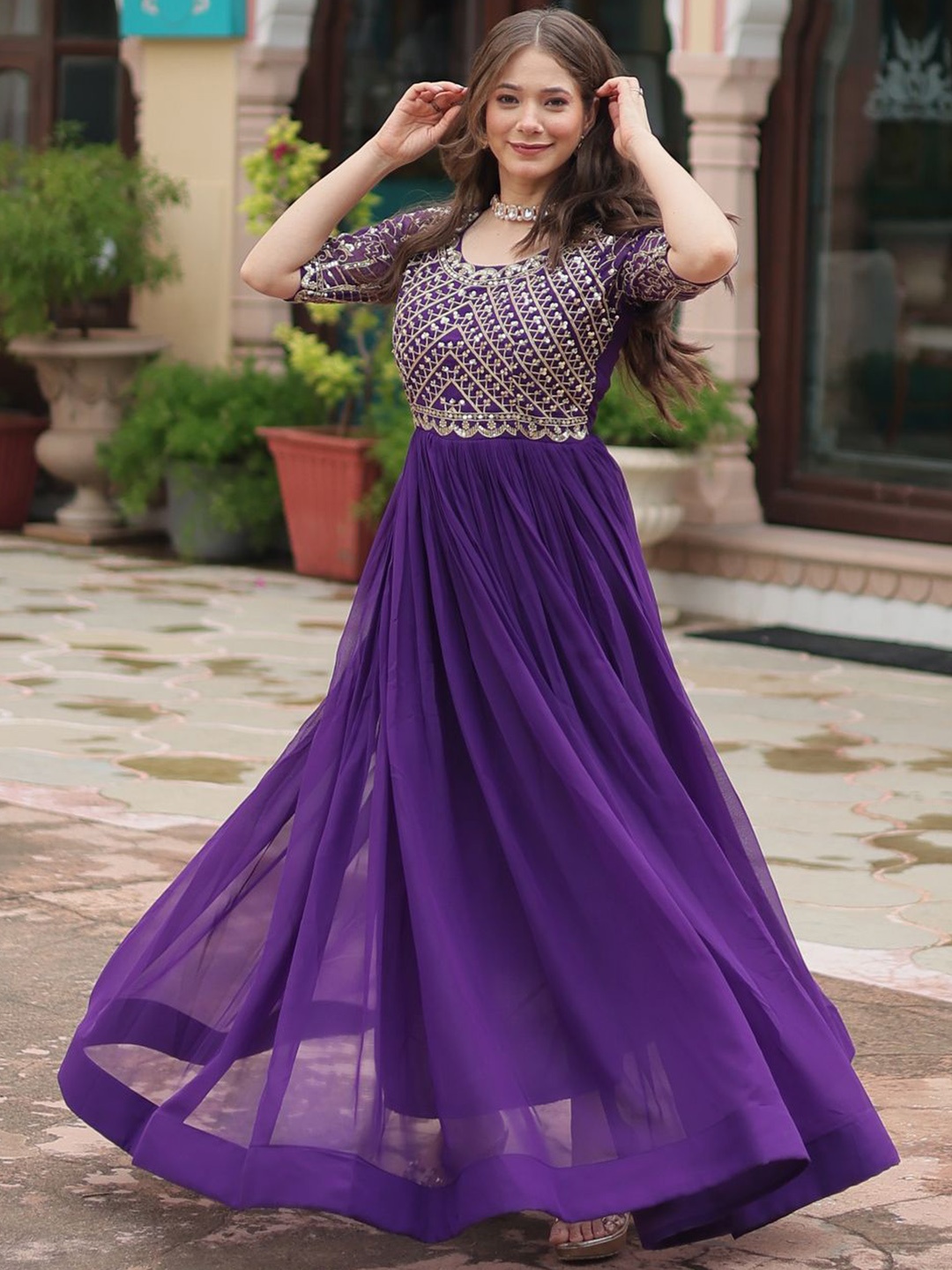 

Fashionuma Women Embroidered A-line Gown, Purple