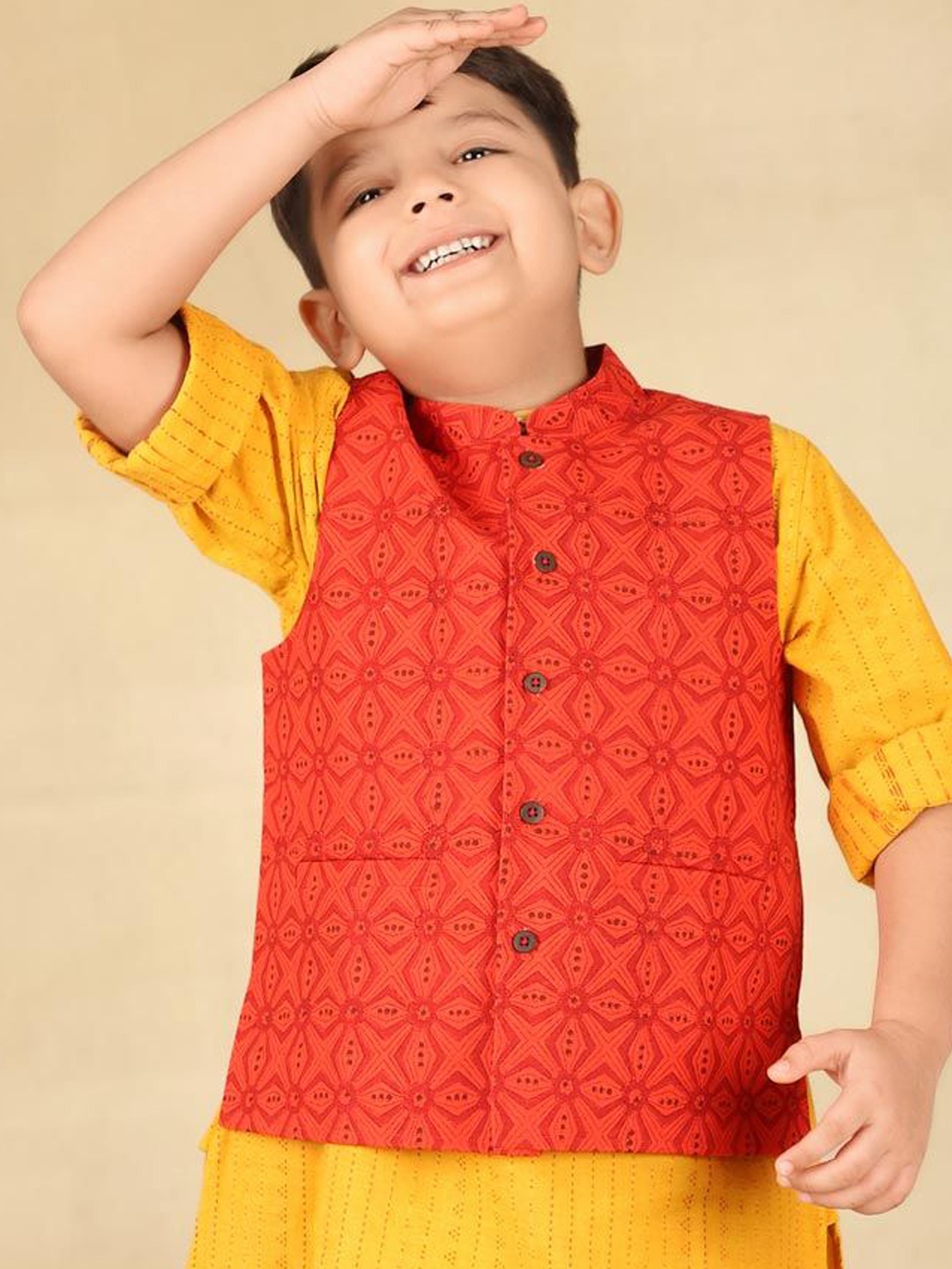 

Fabindia Boys Printed Cotton Nehru Jacket, Orange