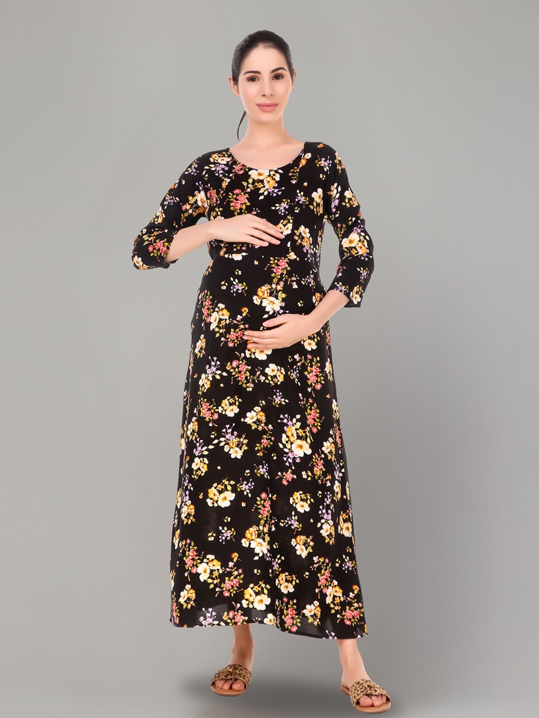 

Zuvino Women Floral Printed Maternity A-Line Dress, Black