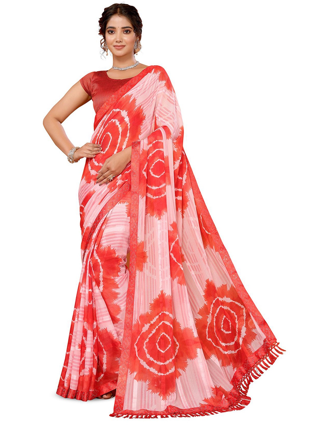 

KALINI Beads and Stones Embellished Tie and Dye Saree, Red