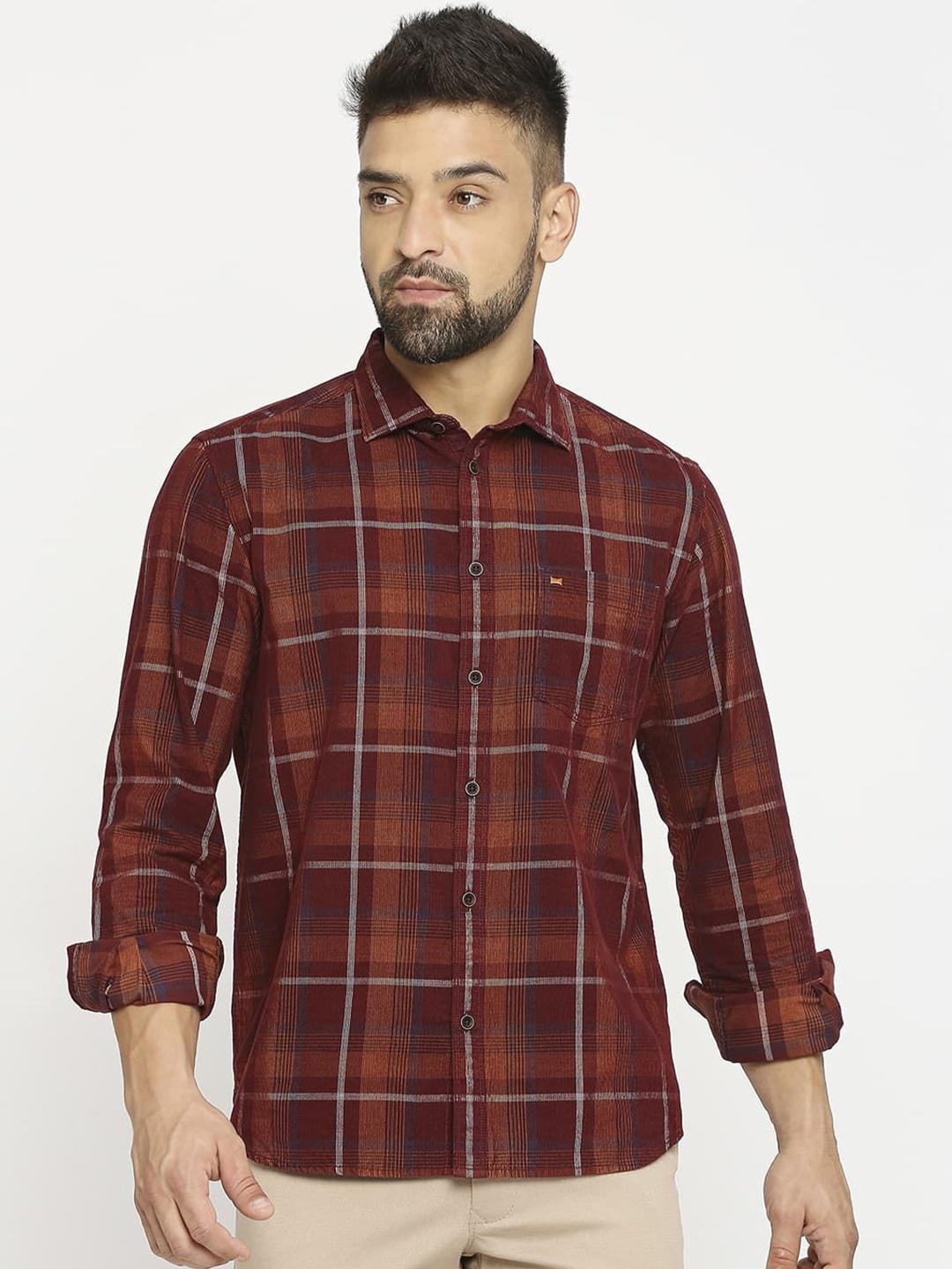 

Basics Men Slim Fit Tartan Checks Opaque Checked Casual Shirt, Red