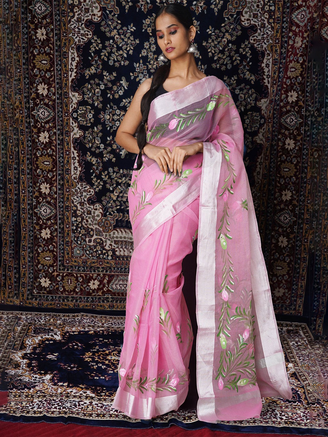 

Unnati Silks Floral Zari Net Handloom Kota Saree, Pink