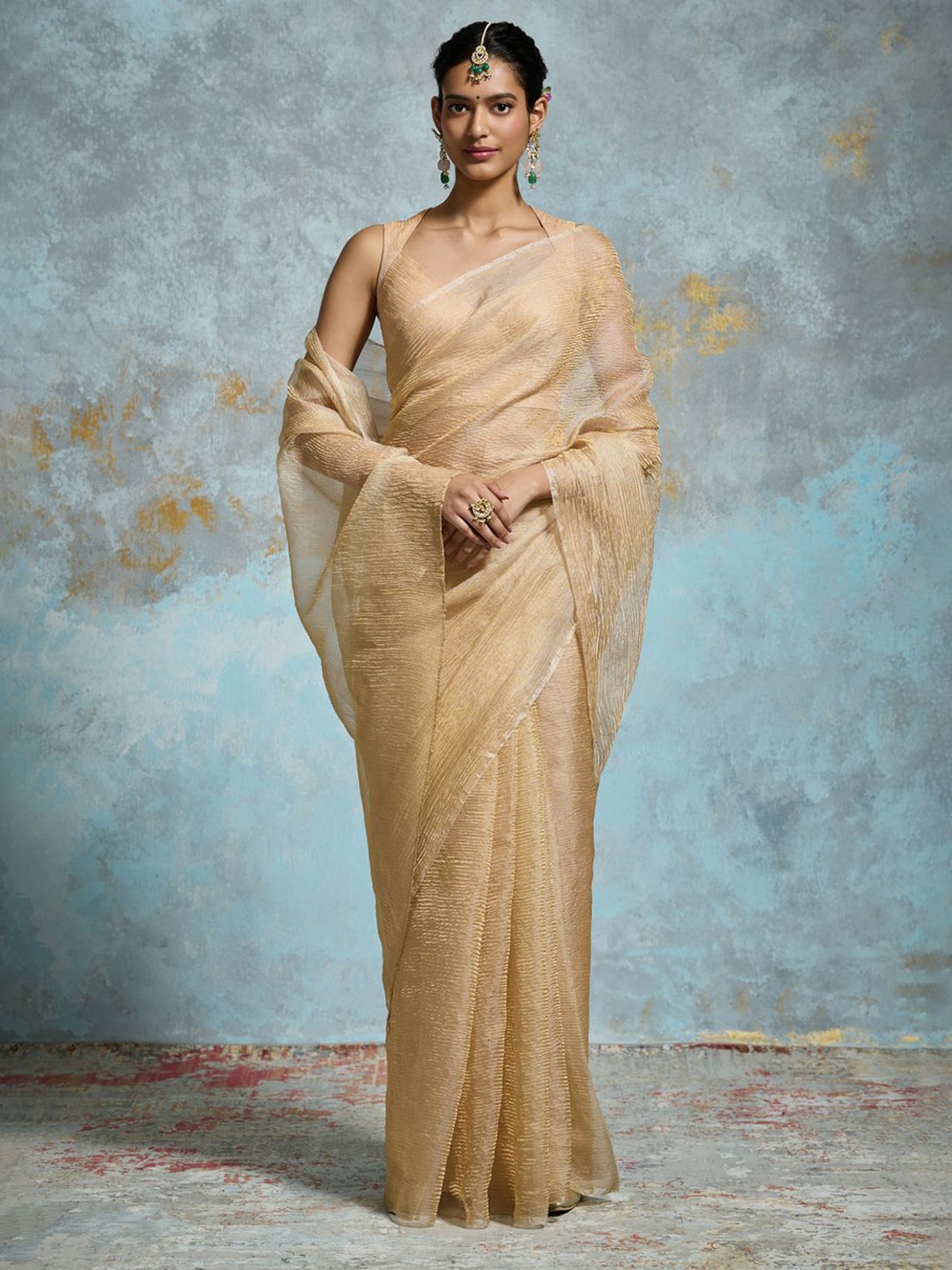 

Dressfolk Women Chanderi Saree With Unstitched Blouse Piece, Gold
