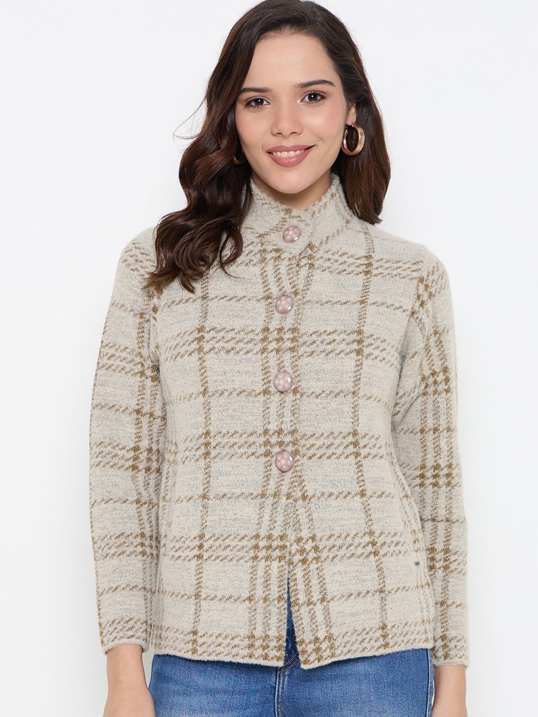 

Duke Women Checked Mock Collar Regular Cardigan, Beige