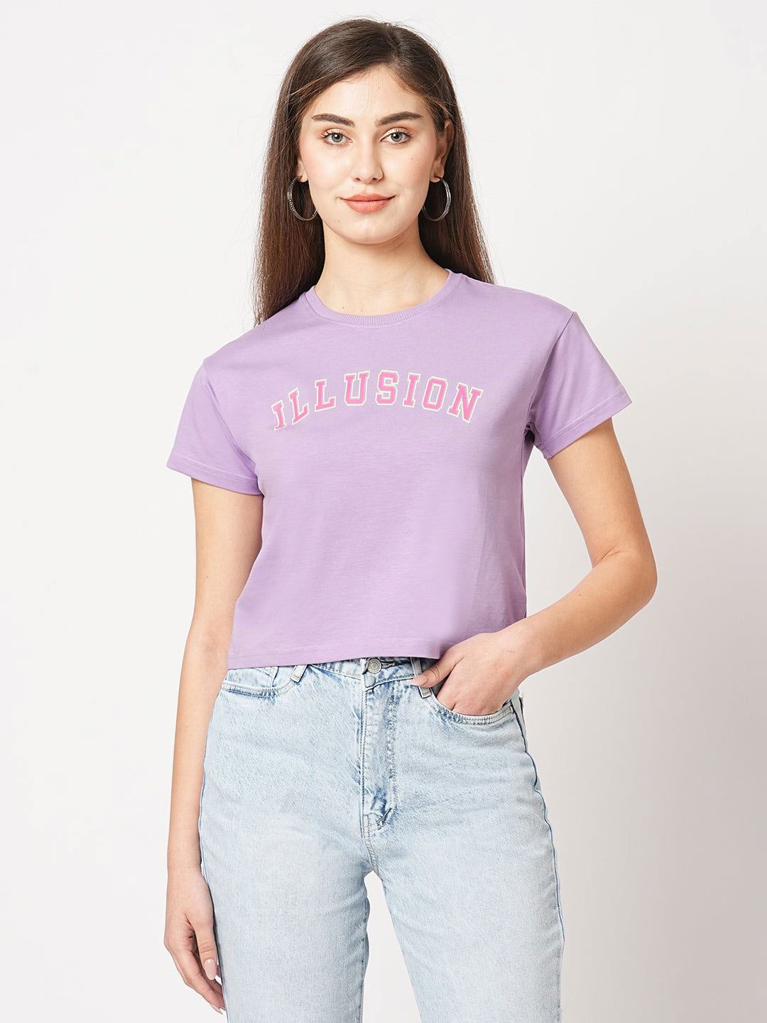 

Kraus Jeans Women Printed Cotton Regular Crop Top, Purple