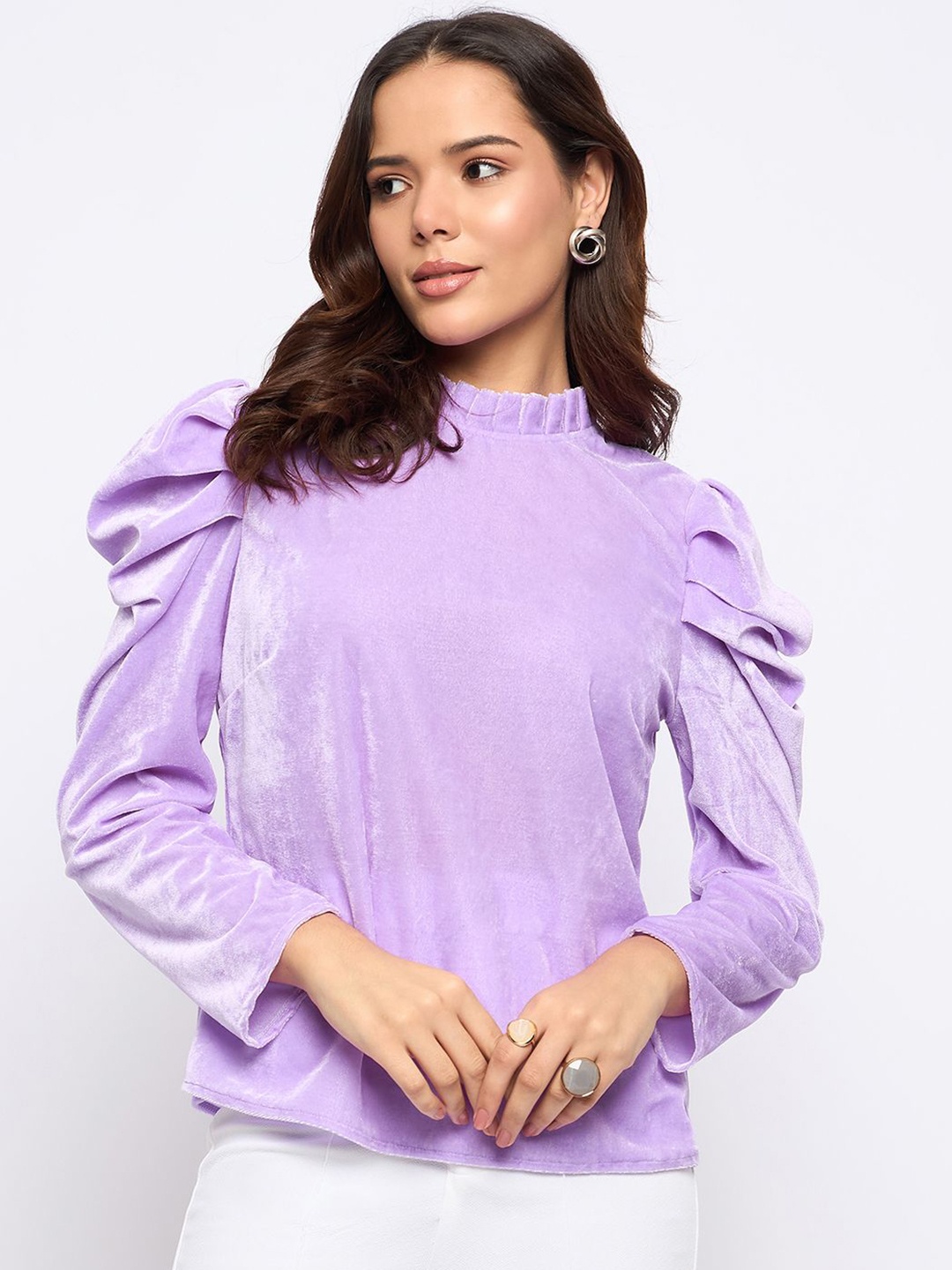 

Imfashini Women High Neck Puff Sleeves Velvet Blouson Top, Lavender