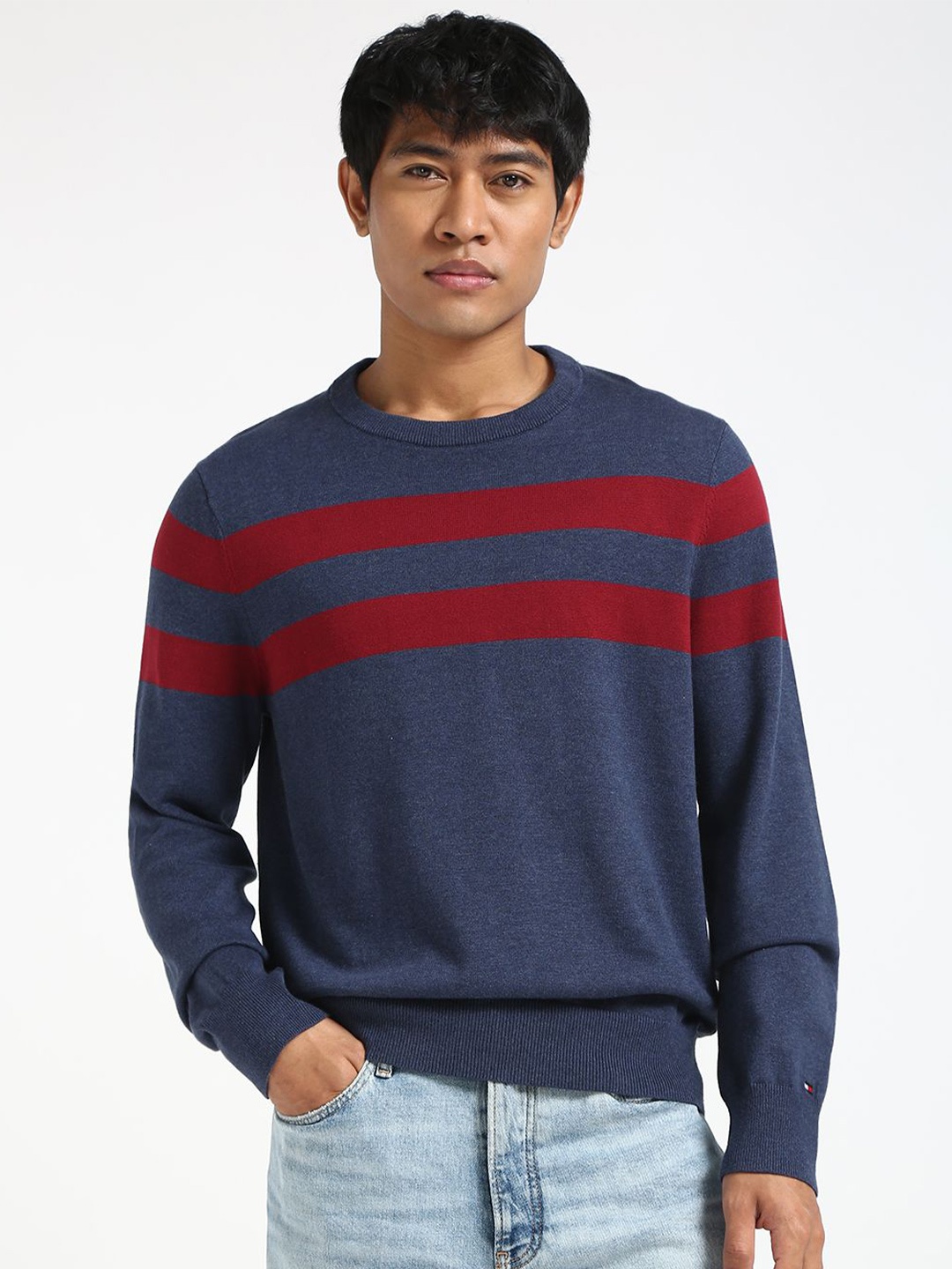 

Tommy Hilfiger Men Striped Round Neck Cotton Pullover, Blue