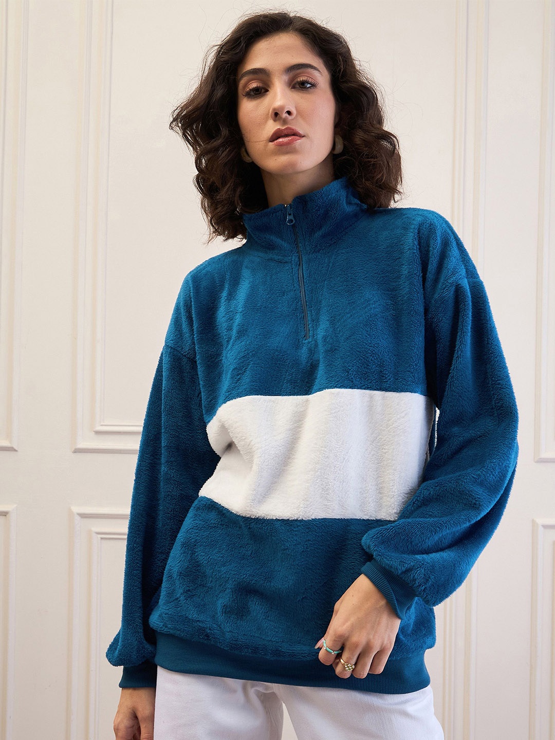 

SASSAFRAS Women Colourblocked Mock Collar Pullover Sweatshirt, Blue