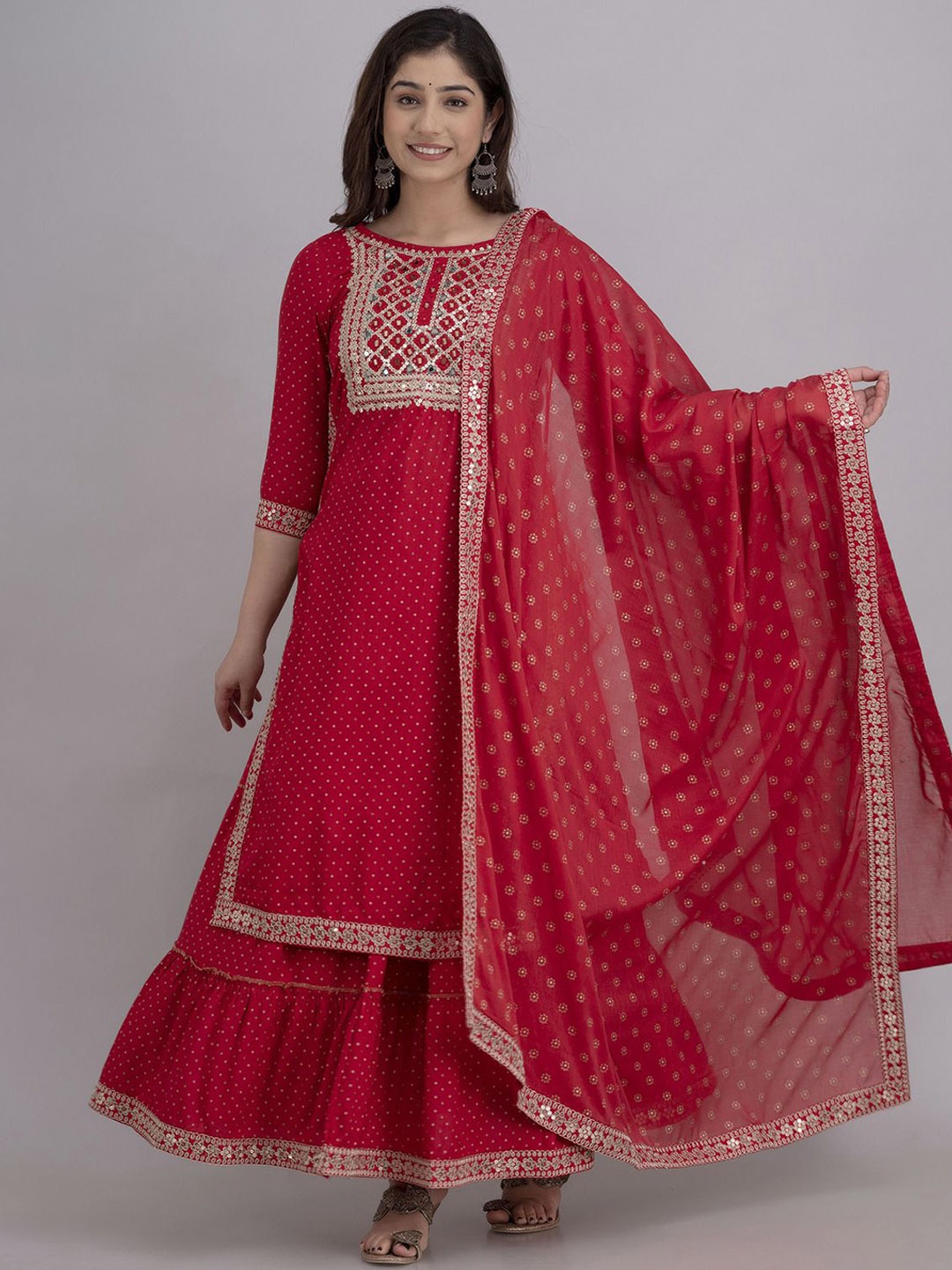 

SHOOLIN Women Ethnic Motifs Printed Empire Sequinned Kurta with Sharara & With Dupatta, Red