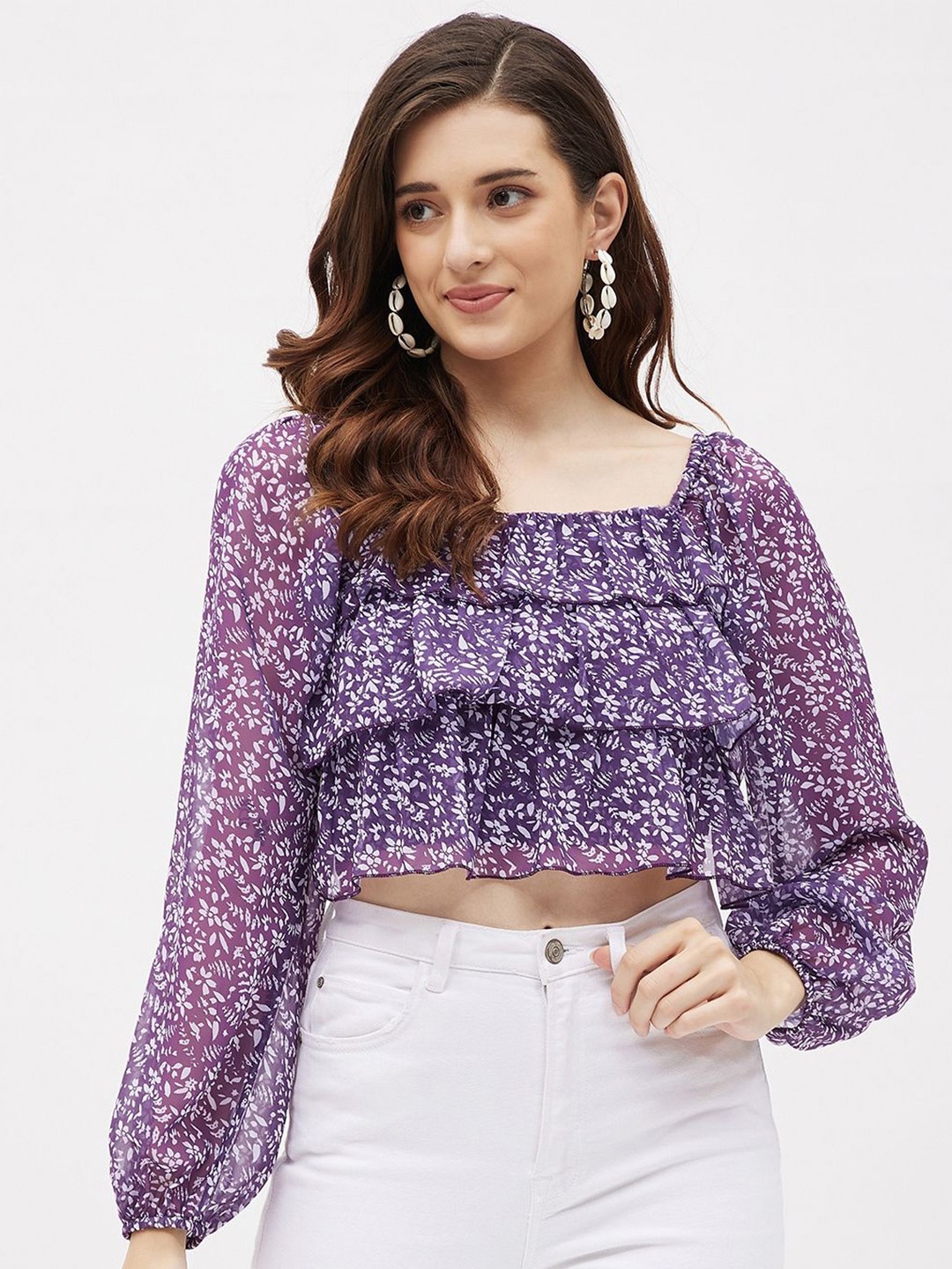 

Kibo Women Floral Printed Puff Sleeve Square Neck Crop Top, Purple