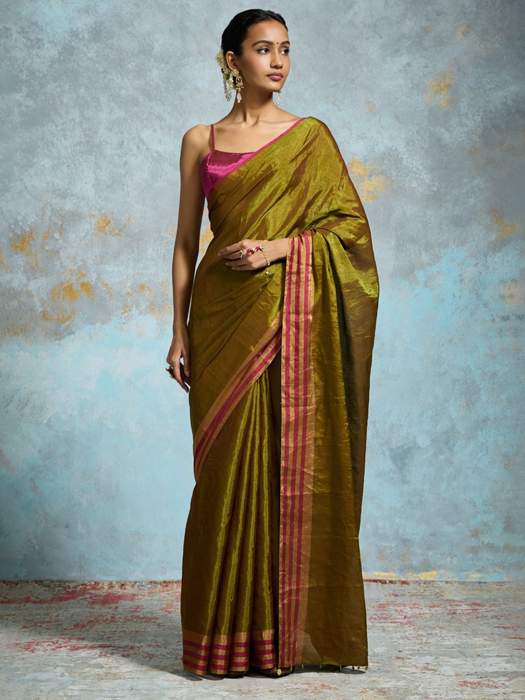 

Dressfolk Zari Woven Design Chanderi Saree, Green