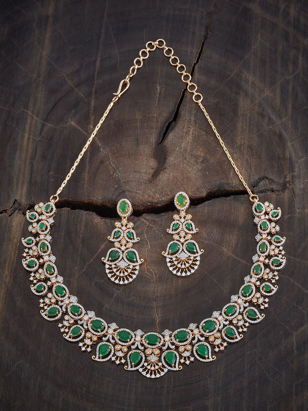 

Kushal's Fashion Jewellery Rhodium Gold-Plated CZ Studded Necklace and Earrings, Rose gold