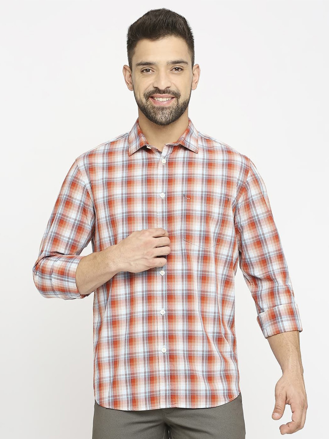 

Basics Men Slim Fit Shepherd Checks Opaque Checked Casual Shirt, Orange