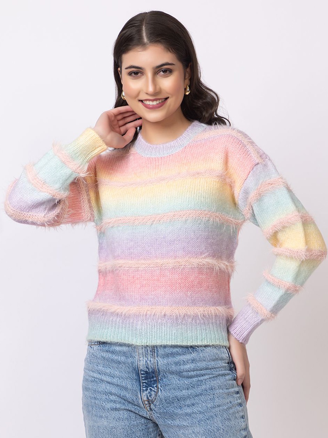 

GFO Women Colourblocked Woollen Pullover, Pink