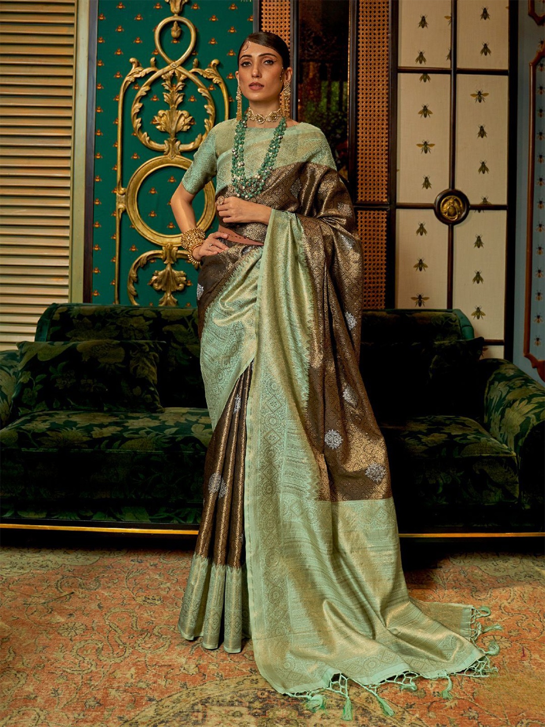 

ODETTE Woven Design Zari Saree With Unstitched Blouse, Brown