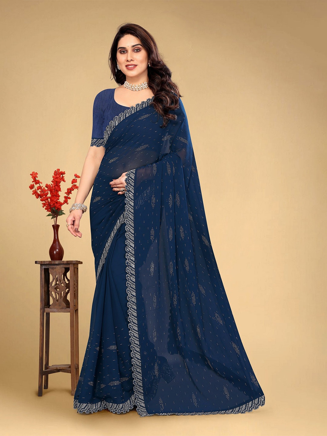 

VEERAIVA Women Embellished Beads and Stones Fusion Saree With Blouse Piece, Navy blue