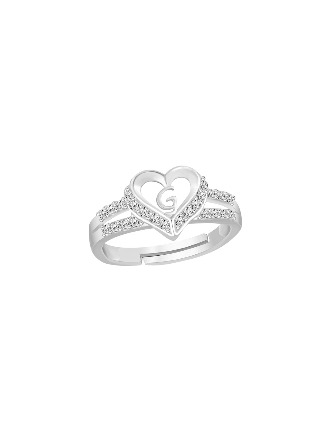 

Lila Unisex Silver-Plated Cubic Zirconia Stone Studded Alphabet G Adjustable Finger Ring