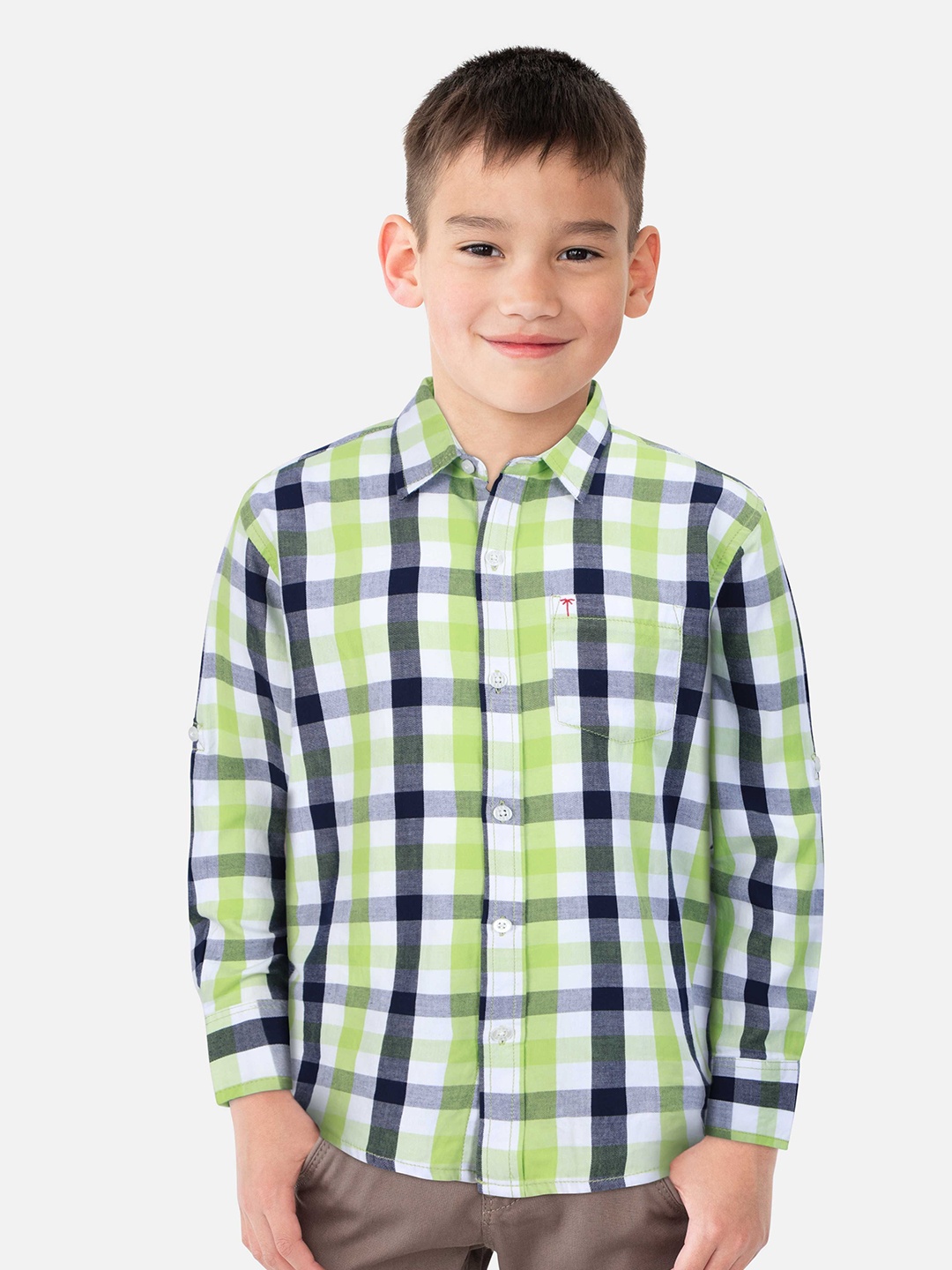 

Palm Tree Boys Standard Opaque Checked Casual Shirt, Green