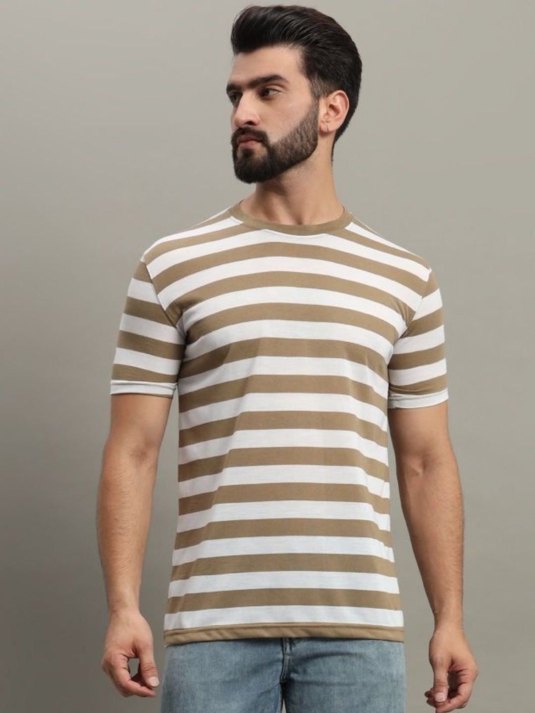 

GET GOLF Men Striped Round Neck Cotton T-shirt, Coffee brown