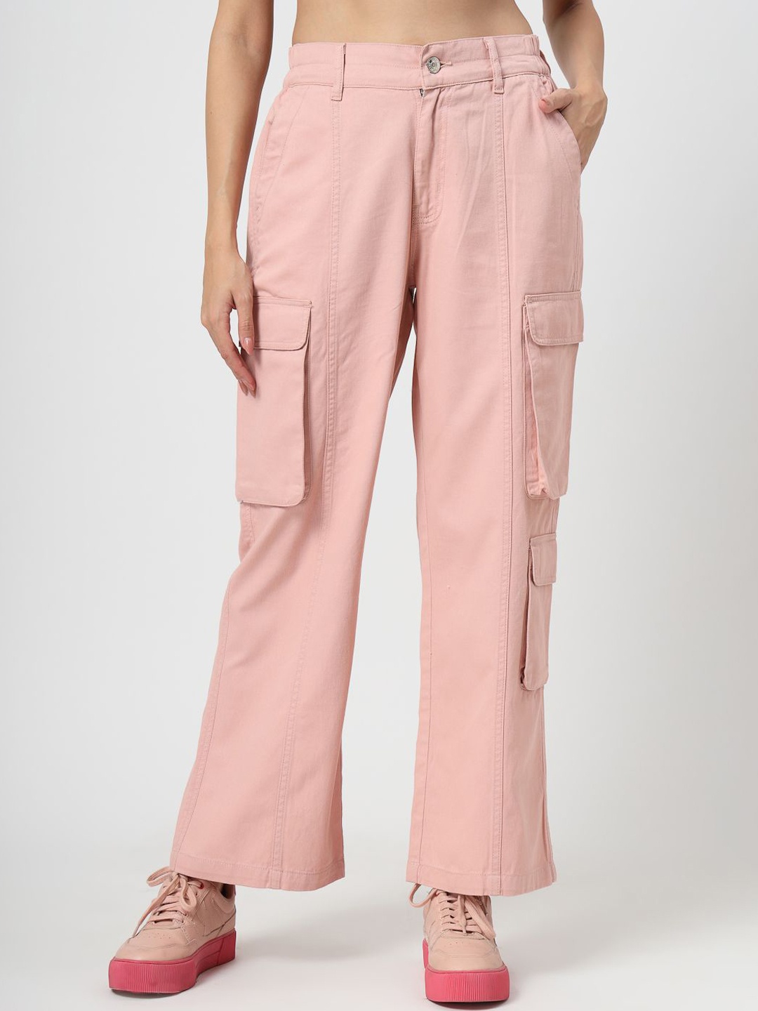 

COSMIC TRIO Women Relaxed Loose Fit High-Rise Cargos Trouser, Pink