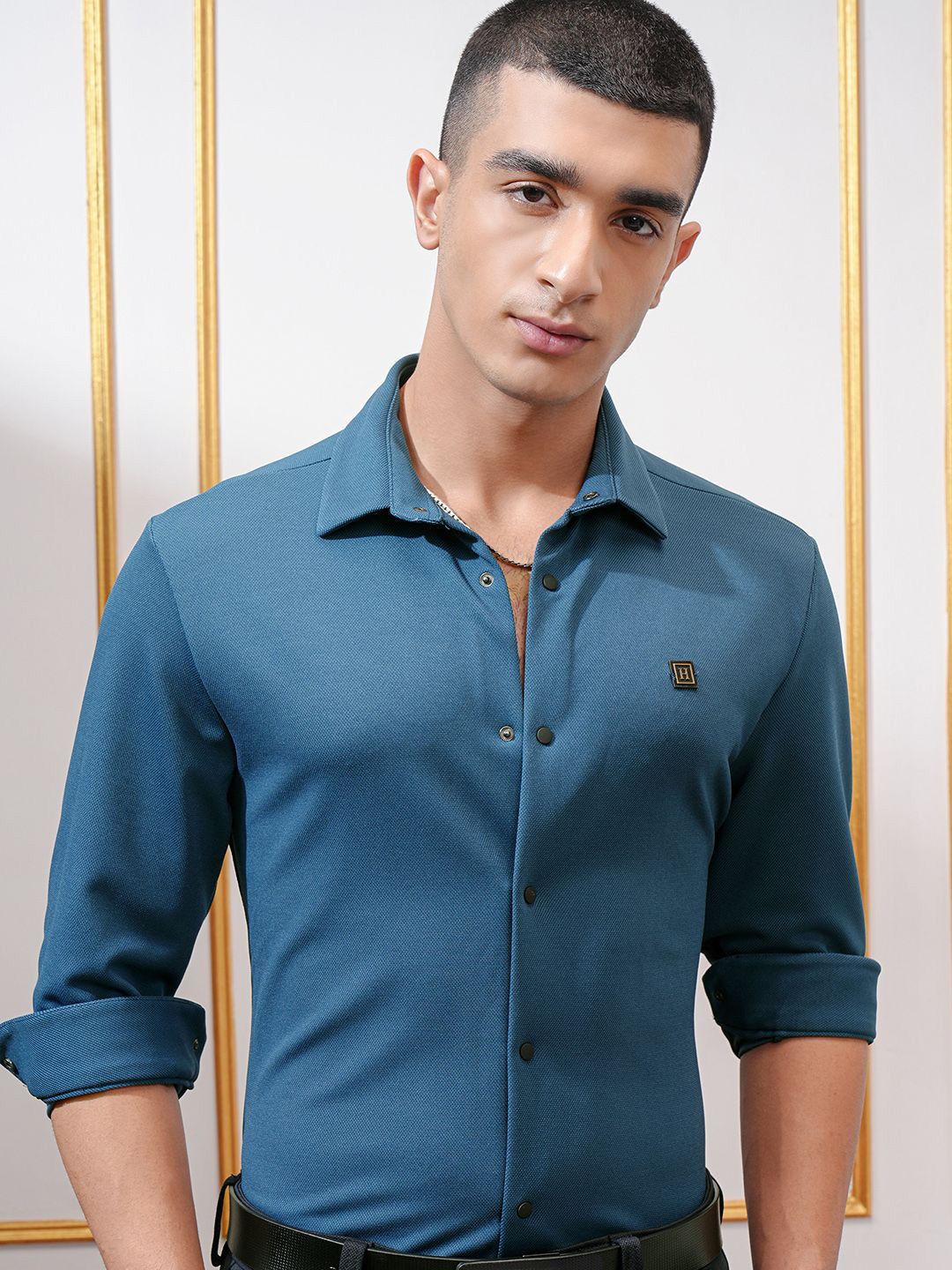 

HIGHLANDER Men Slim Fit Opaque Casual Shirt, Teal