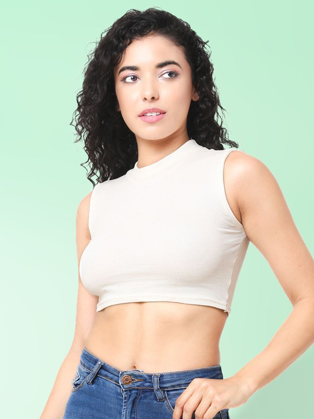 

CareDone Women Sleeveless High Neck Casual Crop Top, White