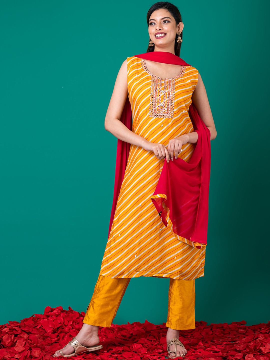 

SHREE BALAJI Women Leheriya Printed Regular Mirror Work Kurta with Trousers & With Dupatta, Yellow