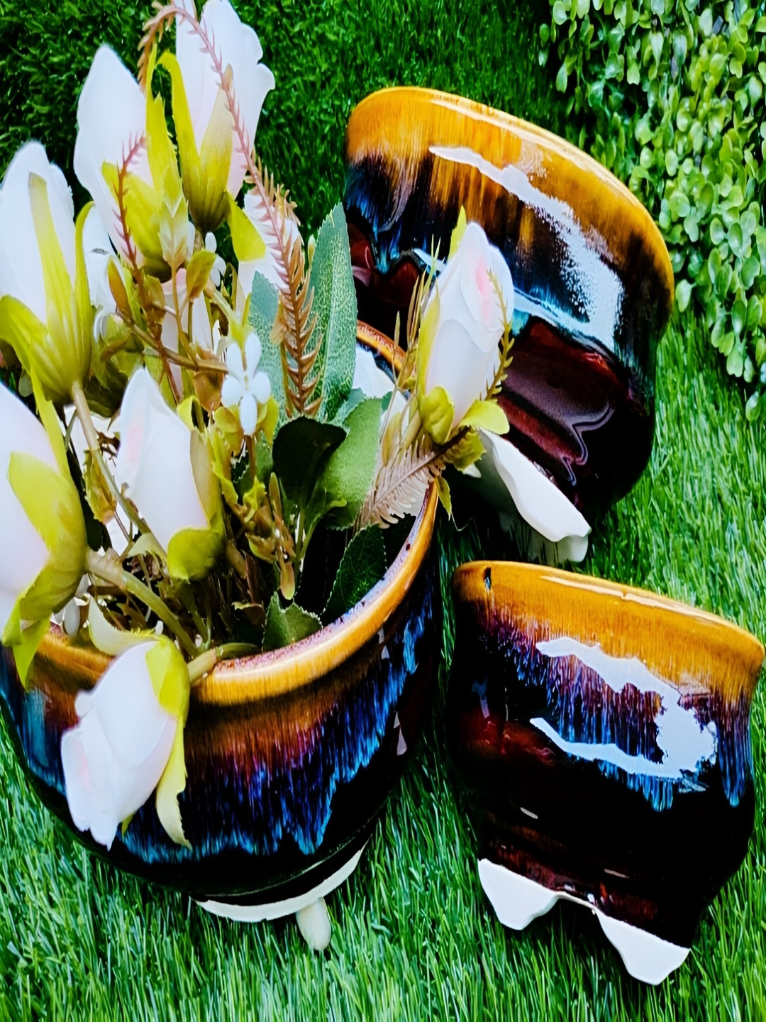 

NIYARA 3-Pcs Brown & Blue Printed Ceramic Planter