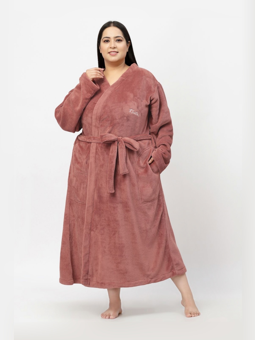 

KLOTTHE Plus Size Printed Full Sleeve Woolen Bath Robe With Belt, Rust