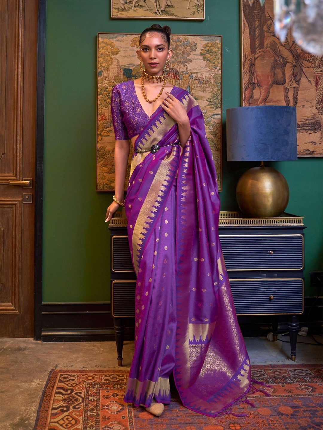 

ODETTE Woven Design Zari Saree With Unstitched Blouse, Purple