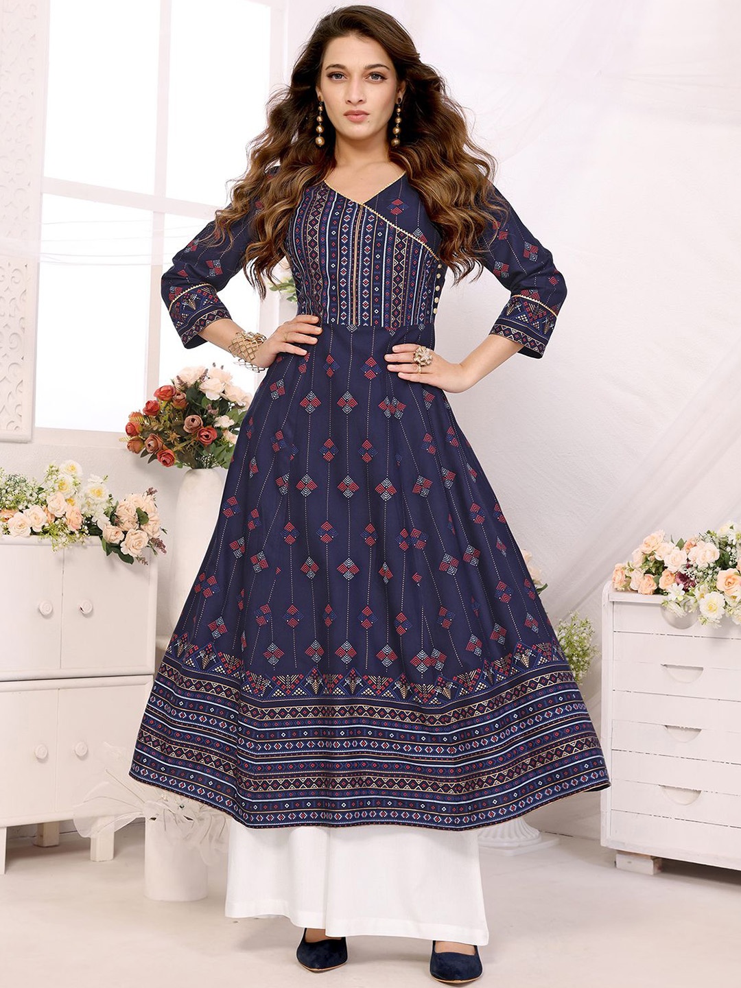 

Rangita Women Printed Anarkali Kurta, Navy blue