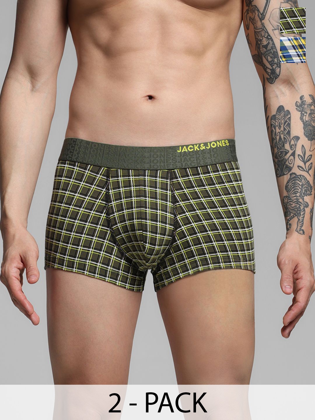 

Jack & Jones Men Pack Of 2 Checked Cotton Outer Elastic Trunk, Green