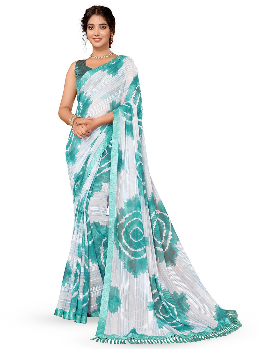 

KALINI Women Tie and Dye Embellished Saree With Blouse Piece, Blue