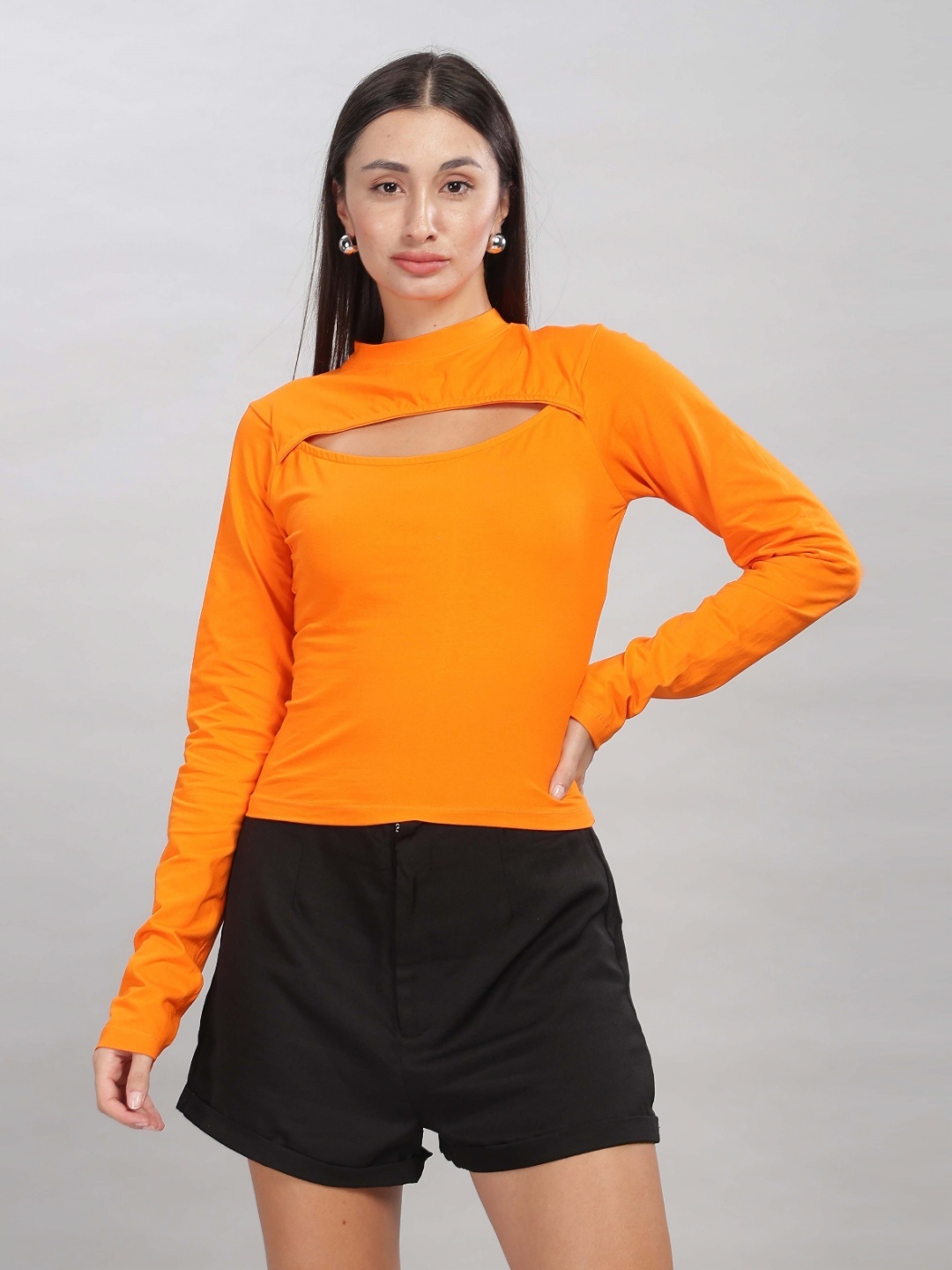 

HEYLAY Women Turtle Neck Pockets T-shirt, Orange