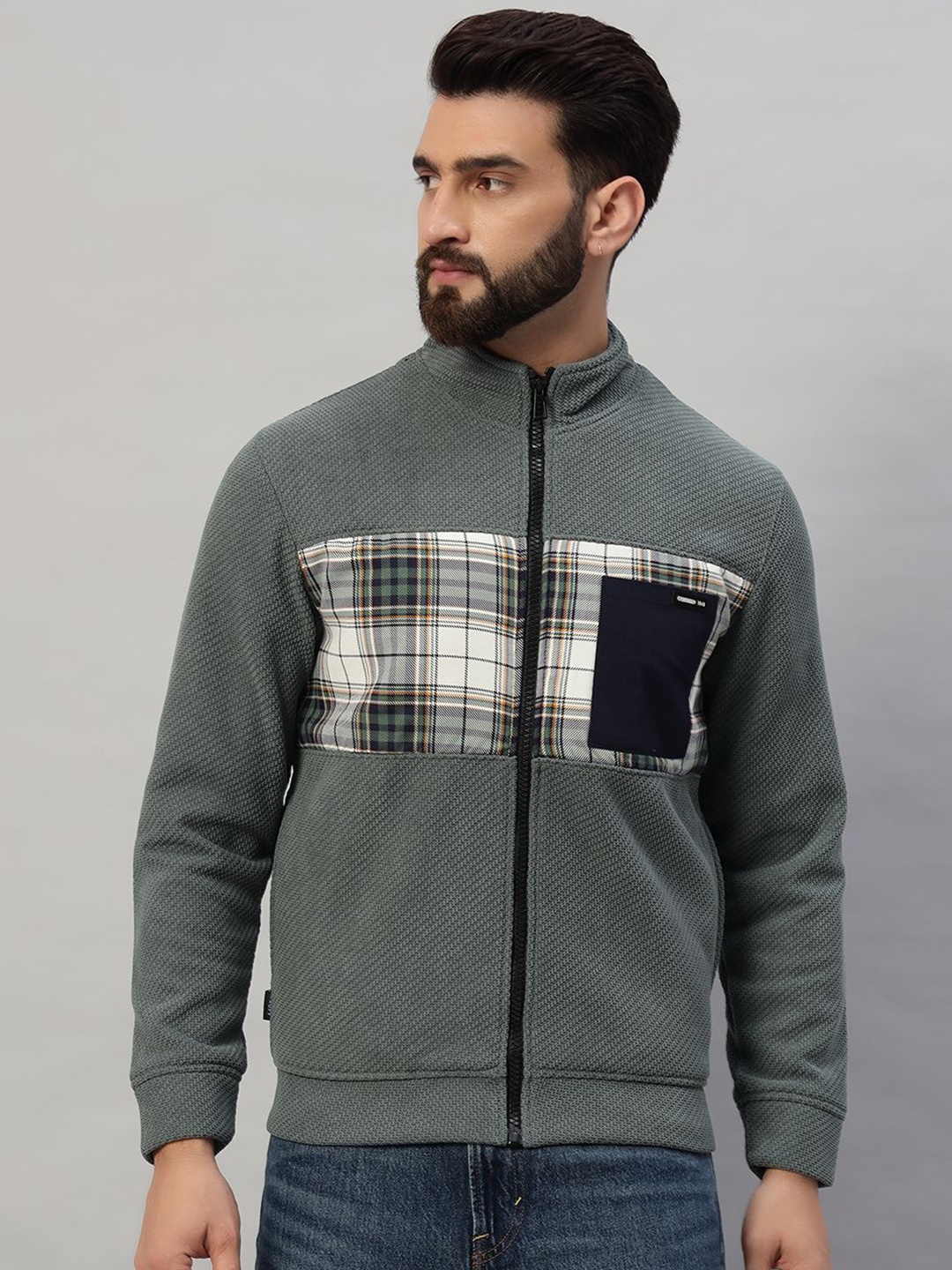 

PROFY Men Checked Mock Collar Front-Open Sweatshirt, Grey