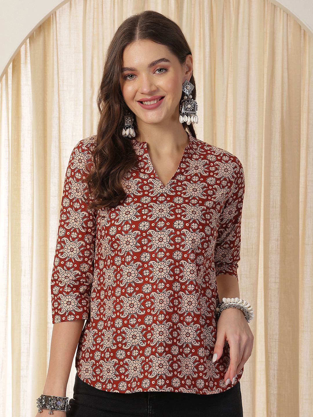 

Anouk Rustic Women Floral Printed Mandarin Collar Cotton Top, Rust