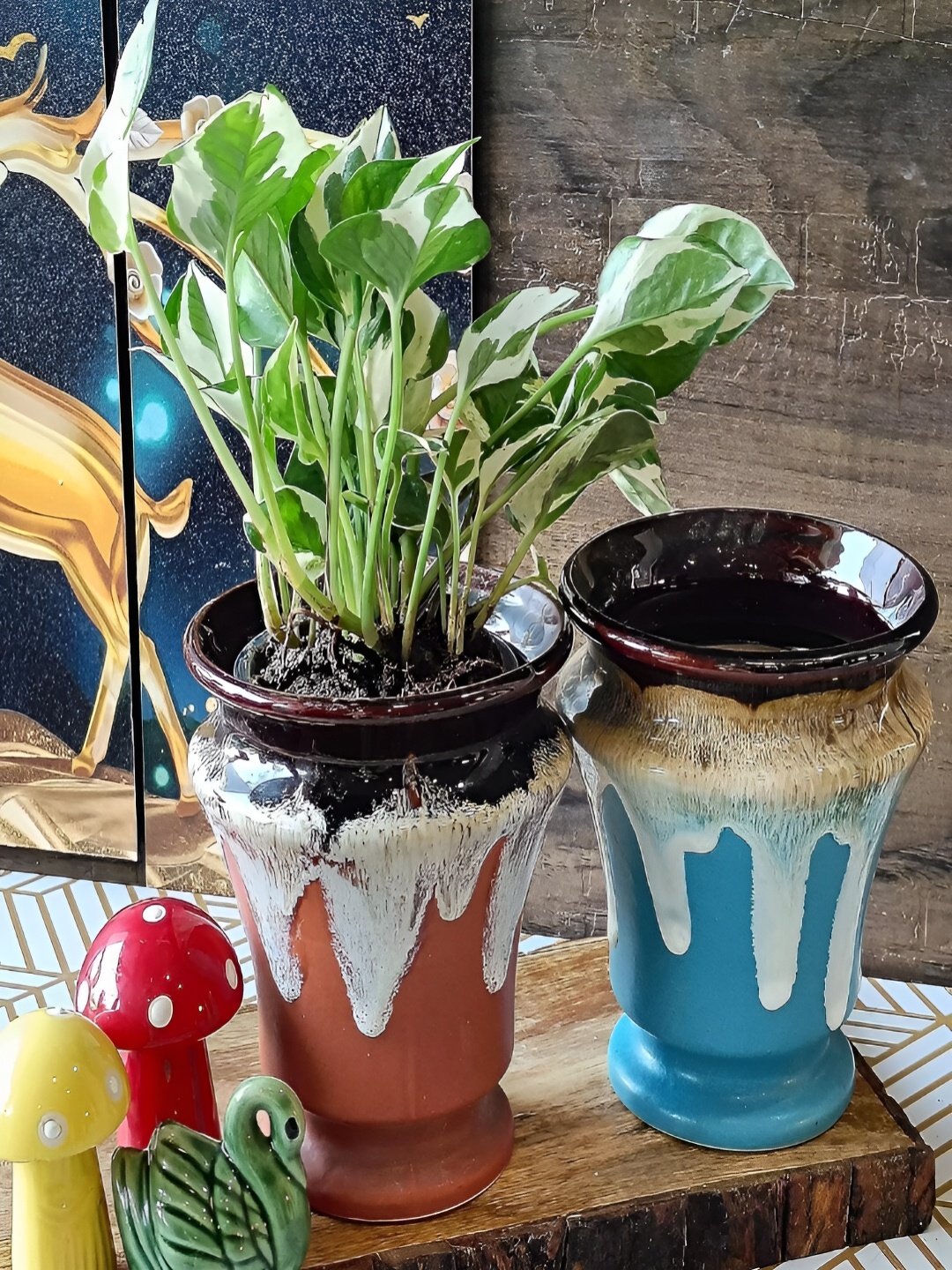 

NIYARA 2 Pcs Brown & Blue Ceramic Planters