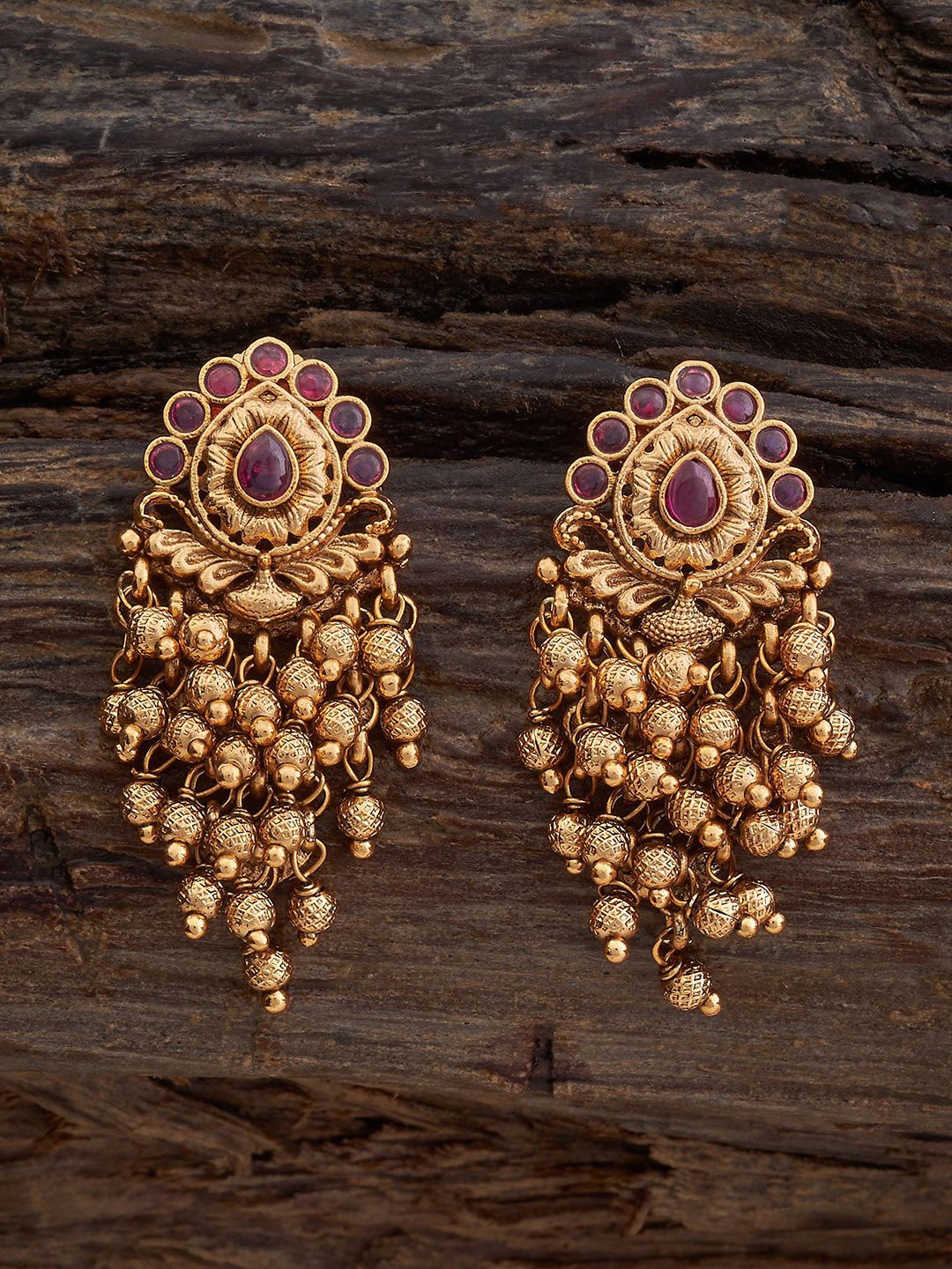 

Kushal's Fashion Jewellery Gold-Plated Stone Studded Shaped Antique Drop Earrings