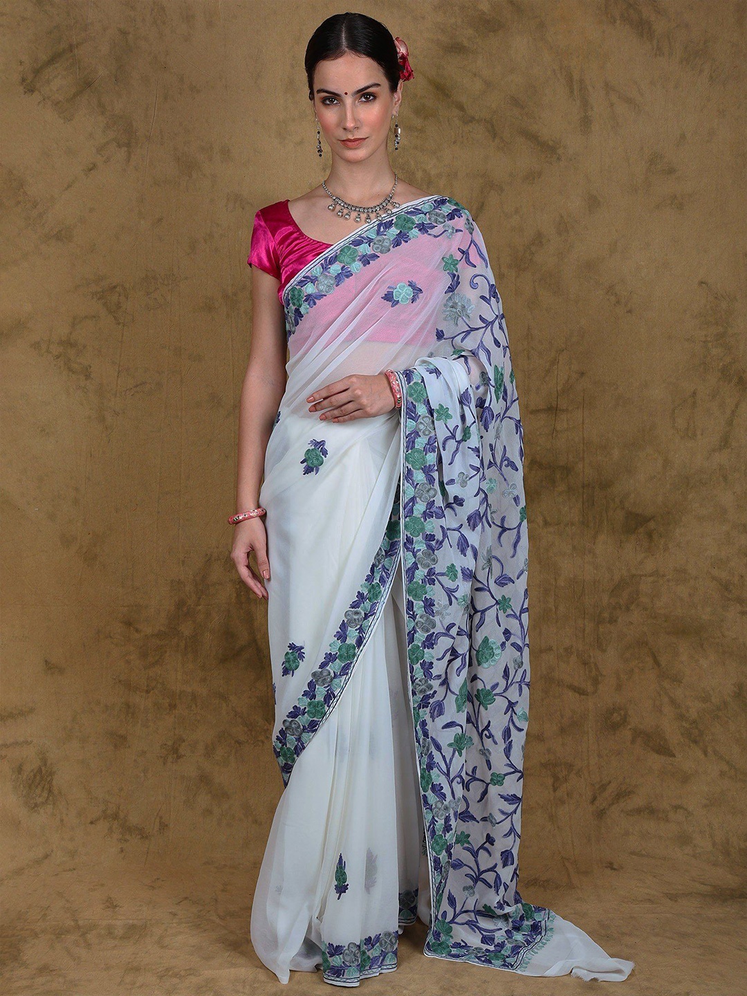 

Exotic India Snow-White Georgette Saree from Kashmir with Aari Embroidered Floral